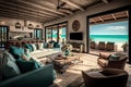 luxurious beachfront villa with high-end decor and modern amenities, including indoor living room and outdoor porch Royalty Free Stock Photo