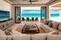 luxurious beachfront villa with high-end decor and modern amenities, including indoor living room and outdoor porch Royalty Free Stock Photo