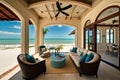 luxurious beachfront villa with high-end decor and modern amenities, including indoor living room and outdoor porch Royalty Free Stock Photo