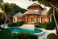 luxurious beachfront villa with private pool, swim-up bar, and hot tub sited amid lush greenery