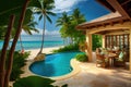 luxurious beachfront villa with private pool, swim-up bar, and hot tub sited amid lush greenery