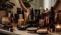 A luxurious beauty collection make up, moisturizer, perfume, and hair care generated by AI