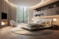 Luxurious bedroom in apartment, Scandinavian design, featuring modern furniture Royalty Free Stock Photo