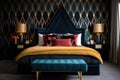 a luxurious bedroom featuring a velvet headboard and bold, geometric wallpaper