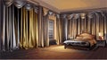 Luxurious bedroom with floor-to-ceiling shimmering drapes, diffusing light and creating a calming, upscale environment.