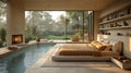 Luxurious bedroom, indoor pool, forest view, sunrise Royalty Free Stock Photo
