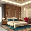 luxurious bedroom interior with beautiful bed,cupboard and carpet ai generated Royalty Free Stock Photo