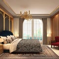 luxurious bedroom interior with luxurious blanket, carpet and chandelier ai generated Royalty Free Stock Photo