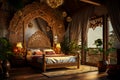 Luxurious bedroom interior in dark colors with a large carved wooden bed, indoor plants, vases and with a beautiful view