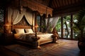Luxurious bedroom interior in dark colors with a large carved wooden bed, indoor plants, vases and with a beautiful view