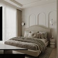 Luxurious Bedroom interior design, wall decoration, table, bed and white theme studio apartment Royalty Free Stock Photo