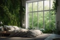 Luxurious bedroom interior, fresh green plant wall and large window. Generative AI Royalty Free Stock Photo