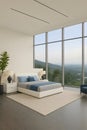 Luxurious bedroom interior with panoramic window and view featuring modern bed complemented by calming colors and landscape Royalty Free Stock Photo