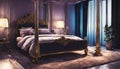 A luxurious bedroom with neon lights accentuating the details of a four-poster Royalty Free Stock Photo