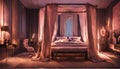 A luxurious bedroom with neon lights accentuating the details of a four-poster Royalty Free Stock Photo