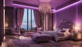 A luxurious bedroom with neon lights highlighting the details of a plush four-poster