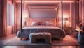 A luxurious bedroom with neon lights highlighting the details of a plush four-poster