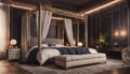 A luxurious bedroom with neon lights highlighting the details of a plush four-poster