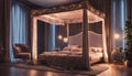 A luxurious bedroom with neon lights highlighting the details of a plush four-poster