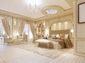 Luxurious bedroom in pastel colours in a neoclassical style.