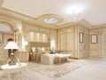 Luxurious bedroom in pastel colours in a neoclassical style.