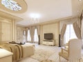 Luxurious bedroom in pastel colours in a neoclassical style.