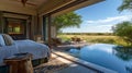 Luxurious Bedroom with Private Pool and Serene Savanna View Royalty Free Stock Photo