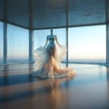 Luxurious, beuatiful, elegant white dress on mannequin. Empty room with wide and long windows. Ai generated art