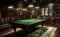 Luxurious billiards room with pool table, leather chairs, and a well-stocked bar in a traditional wood-paneled interior.