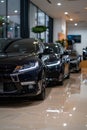 Luxurious black car displayed in modern showroom for sale and rental services in upscale dealership