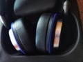 Wireless black headphones made of genuine soft leather Royalty Free Stock Photo