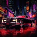 Luxurious Black Limousine in Vibrant Cityscape at Night