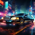 Luxurious Black Limousine in Vibrant Cityscape at Night