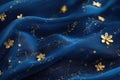 Luxurious blue fabric with golden floral embellishments and starry patterns Royalty Free Stock Photo