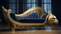 Luxurious Blue And Gold Recliner With Dragon Head - Futuristic Victorian Style