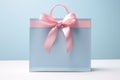 Luxurious blue shopping bag on blue background, Valentine surprise offer promotion concept. generative ai