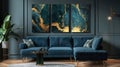 Luxurious Blue Velvet Sofa in a Modern Living Room with Golden Accents