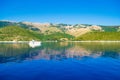 Luxurious boat off shore Kefalonia island in blue Ionian Sea Greece Royalty Free Stock Photo