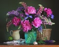 Luxurious bouquet of flowers: peonies, lupins and irises