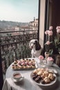 Luxurious breakfast on a balcony in a beautiful city. Generative Ai