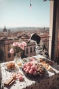 Luxurious breakfast on a balcony in a beautiful city. Generative Ai