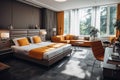 Luxurious, bright bedroom with a comfortable double bed, modern furniture and a beautiful view from the window. Concept Royalty Free Stock Photo