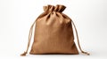Luxurious Brown Drawstring Bag On White Background Stock Photo