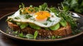Luxurious brunch on dark green plate sliced avocado, fried egg on toasted bread. Herb trim adds culinary elegance. Stylish, savory