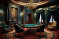 luxurious casino, with fine furnishings and decor, playing cards in the background