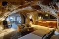 luxurious cave hotel room with modern furniture