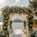 Luxurious ceremony lakeside wedding with white flower decorations and chairs