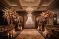 luxurious ceremony setting with intricate floral arrangements and elegant lighting