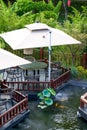 Luxurious Chinese garden restaurant seats and ancient building turret