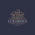 luxurious classic hotel line art icon label logo template vector illustration design. linear building for real estate with Royalty Free Stock Photo